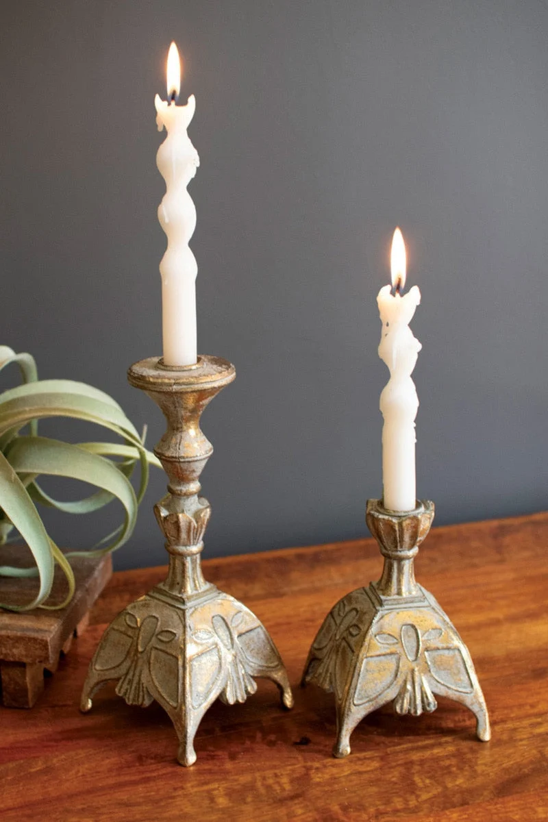 Resin Taper Candle Stands Set Of 2 Antique Brass 9.5" H Tabletop Decor by Kalalou