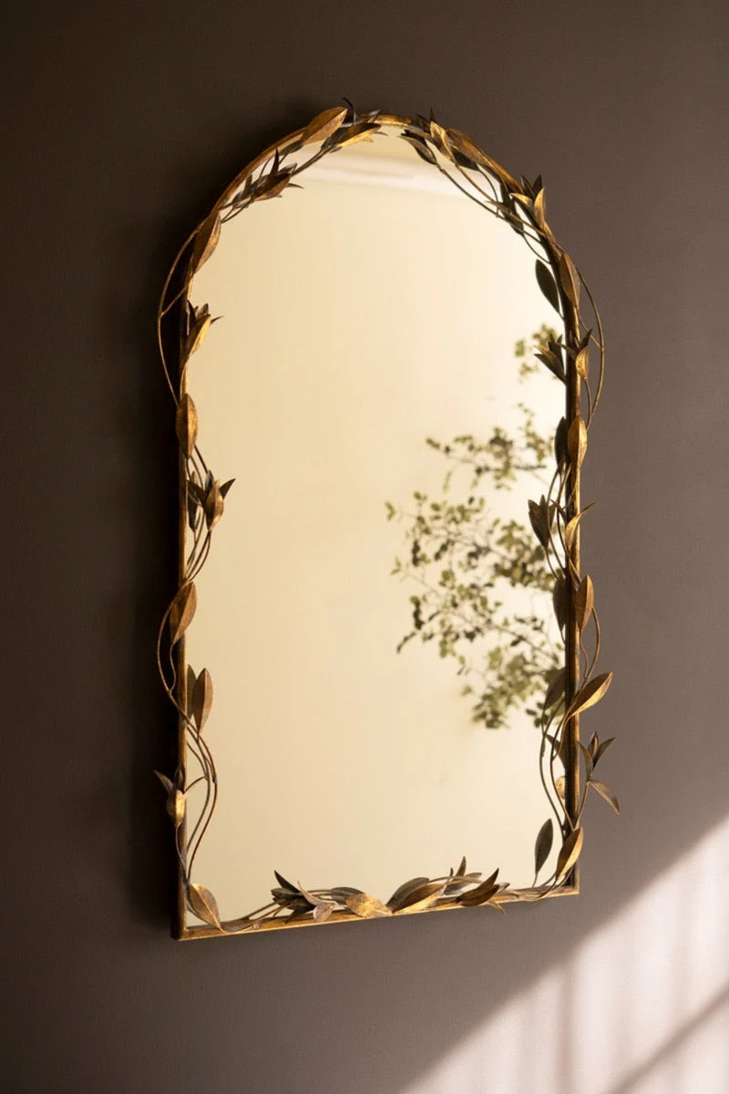 Arched Wall Mirror Antique Brass Frame With Leaf Accents 43" H By Kalalou