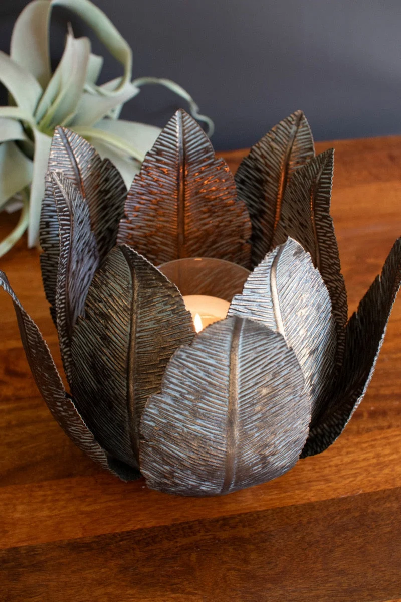 Decorative Glass Hurricane Antique Brass Leaf Base 8" H Indoor Accent by Kalalou