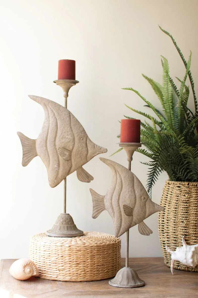 Fish Candle Holders Set Of 2 Antique Green Coastal Decor 26" H by Kalalou