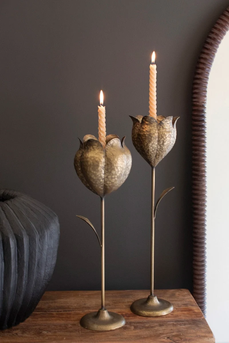 Set of 2 Antique Brass Tulip Taper Candle Holders 20.5" H Decorative Accent by Kalalou
