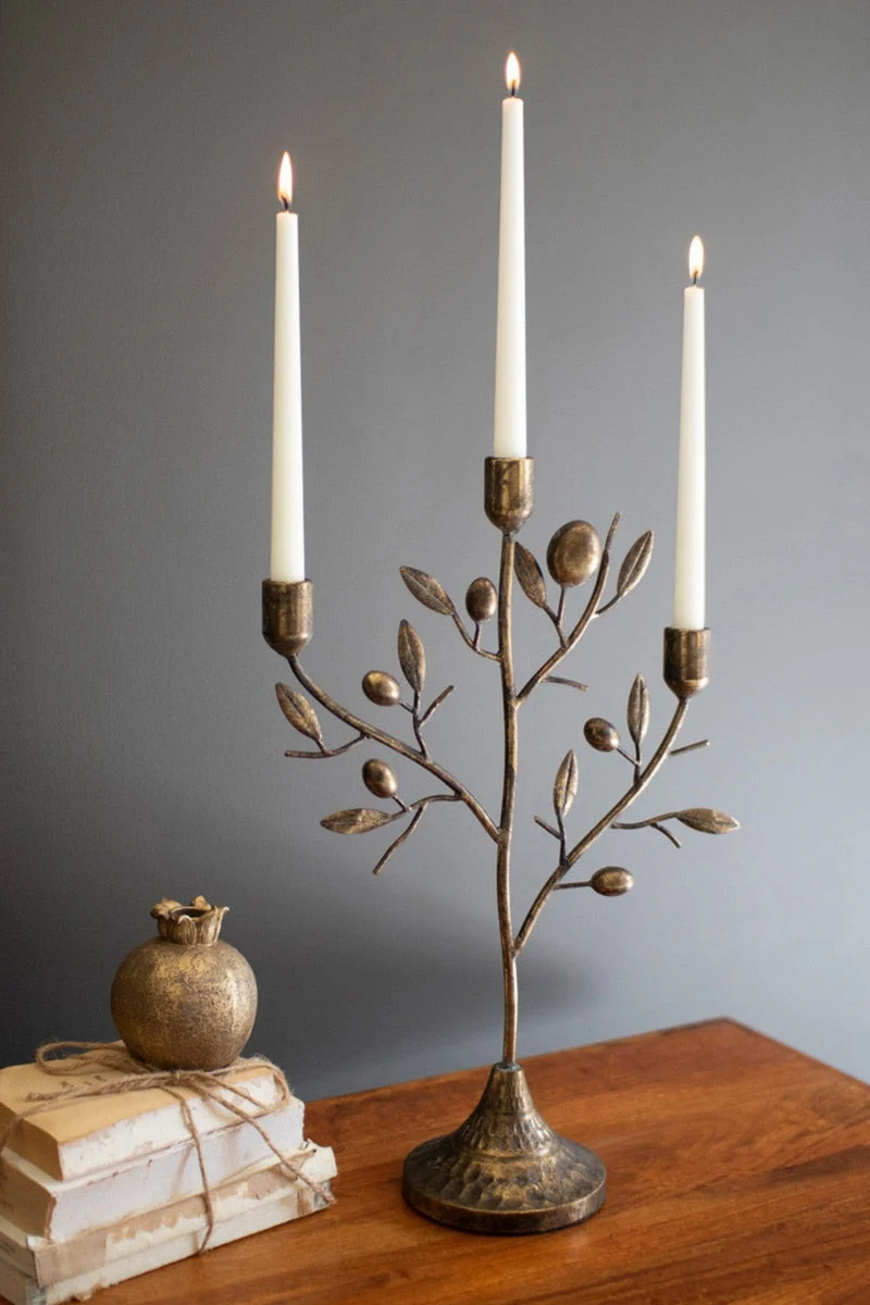 Antique Brass Fruit Tree Taper Candelabra 20" H Decorative Table Accent by Kalalou