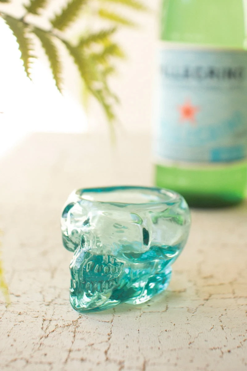 Recycled Clear Skull Shot Glass 2" Tall for Bar Cart or Party Use by Kalalou