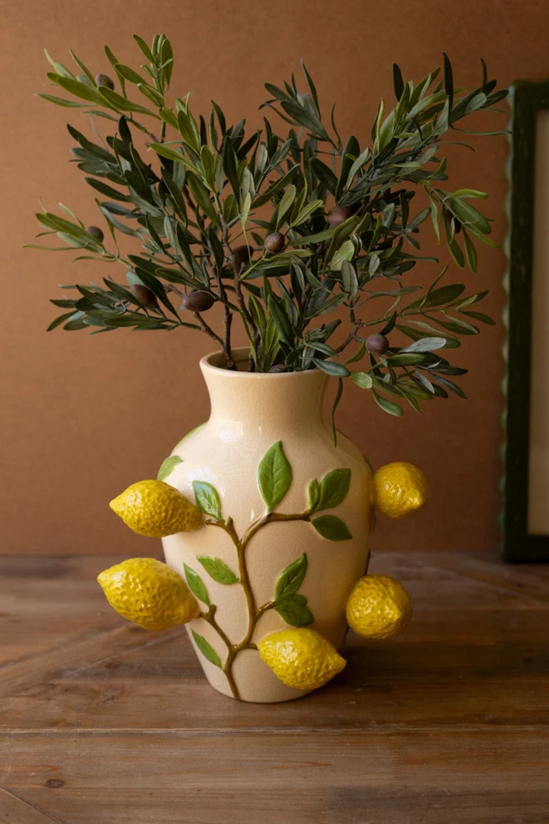 Large Ceramic Lemons Vase 11" Tall Decorative Tabletop Accent by Kalalou