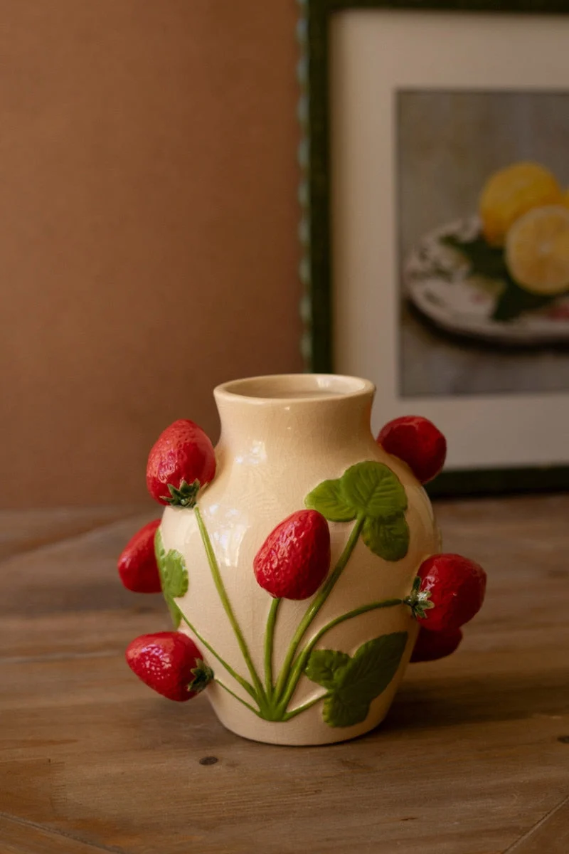 Small Ceramic Strawberries Vase 8"Tall Decorative Tabletop Accent by Kalalou