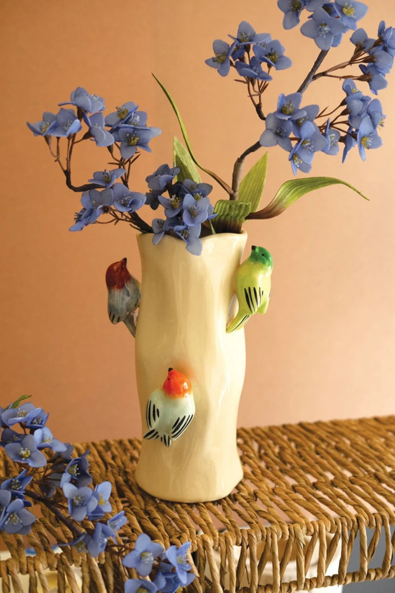 Ceramic Log Vase with Colorful Birds 12.5" H Decorative Accent by Kalalou