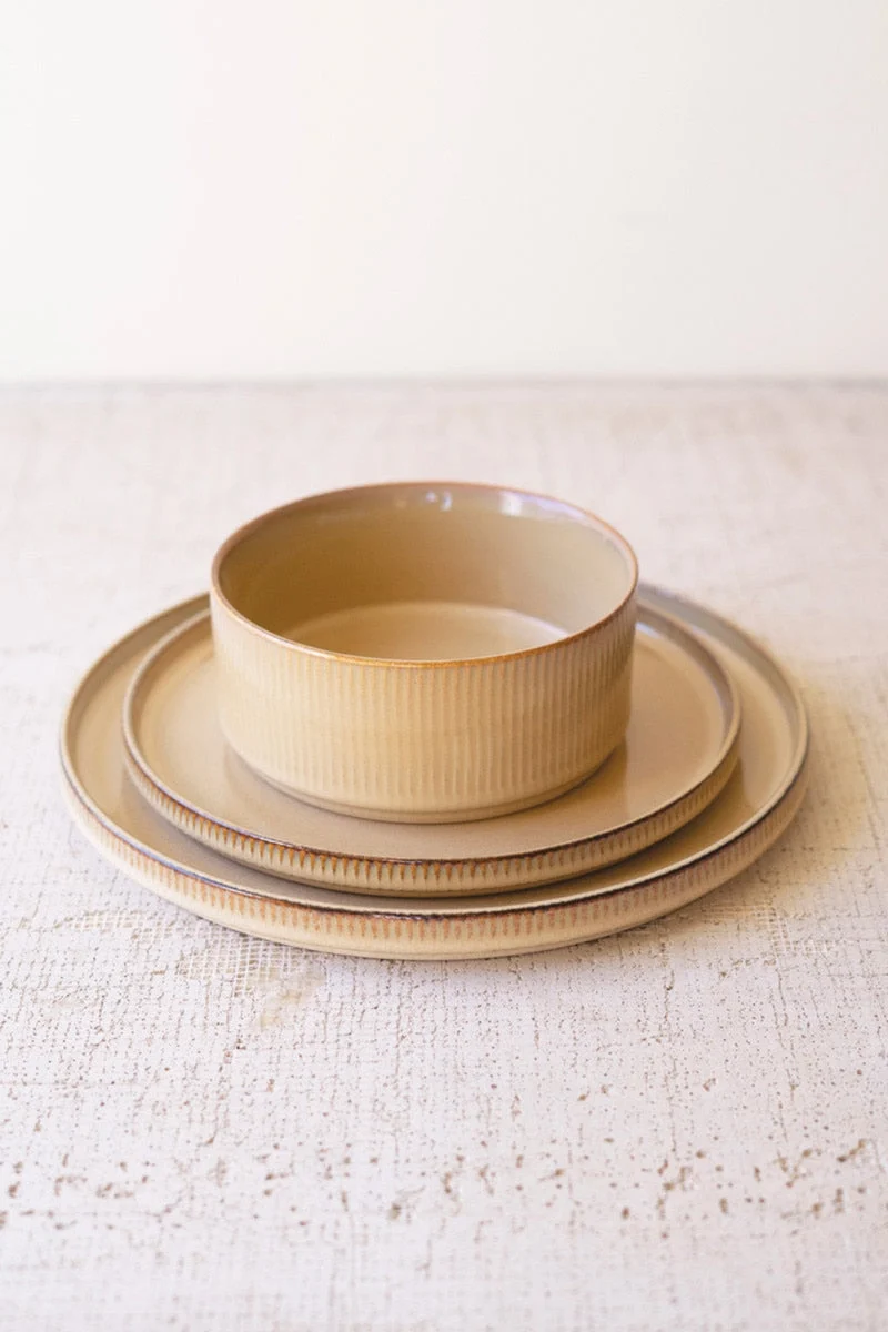 Khaki Ceramic Dinnerware Set with Ridged Texture Bowl 2.5"Tall Set of 3 by Kalalou