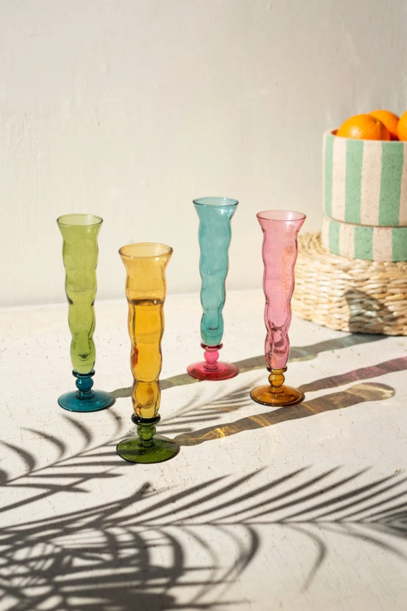 Wavy Trumpet Champagne Glasses 9"H, Set of Four Mixed Colors Handblown Recycled Glass (2 X Set of 4) by Kalalou