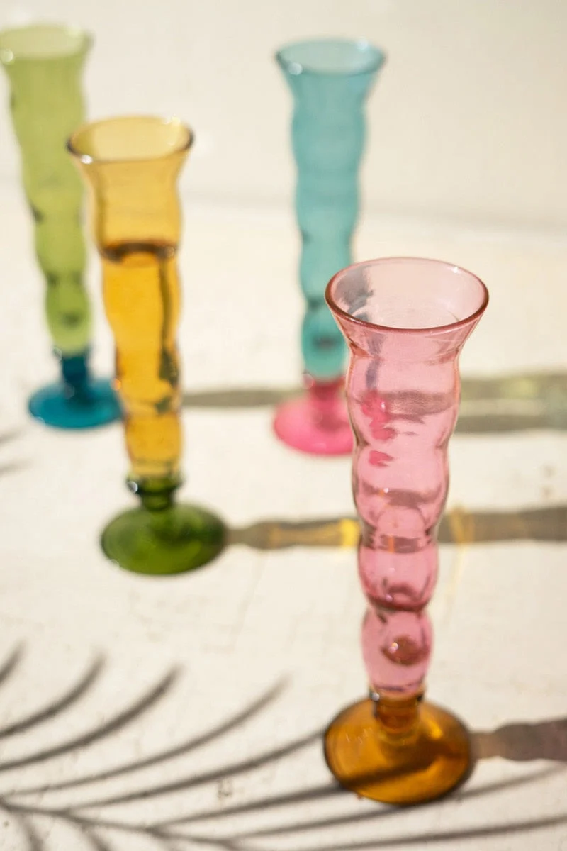 Wavy Trumpet Champagne Glasses 9"H, Set of Four Mixed Colors Handblown Recycled Glass by Kalalou