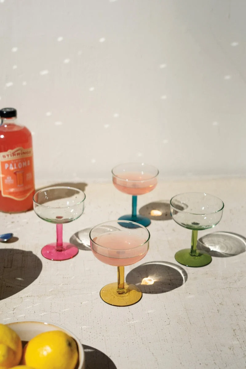 Coupe Glasses with Colored Stems 4"H, Set of Four Handblown Recycled Glass (2X Set of 4) by Kalalou