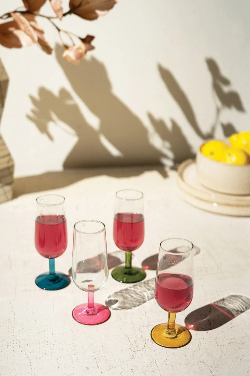Aperitif Glasses with Colored Stems 5"H, Set of Four Handblown Recycled Glass (2 X Set of 4) by Kalalou