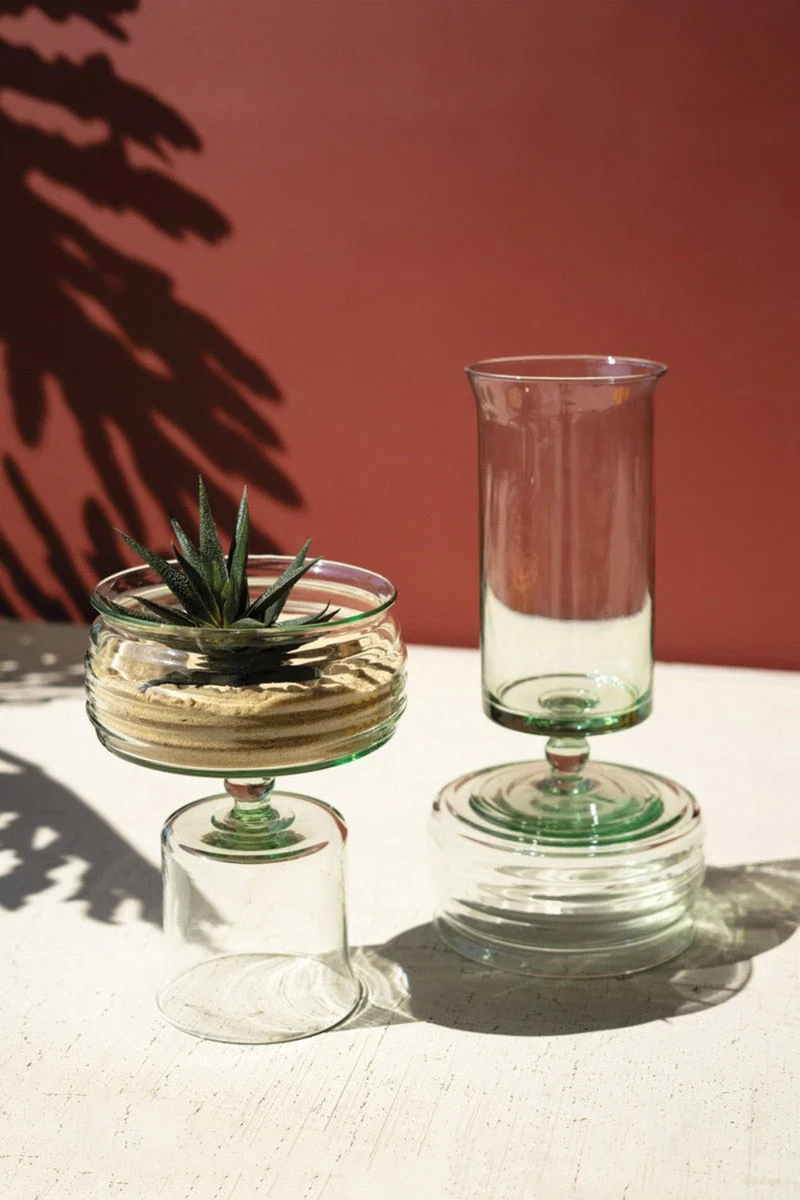 Reversible Glass Compotes with Bases, Handblown Recycled Green Glass Display Pieces, Set of Two by Kalalou