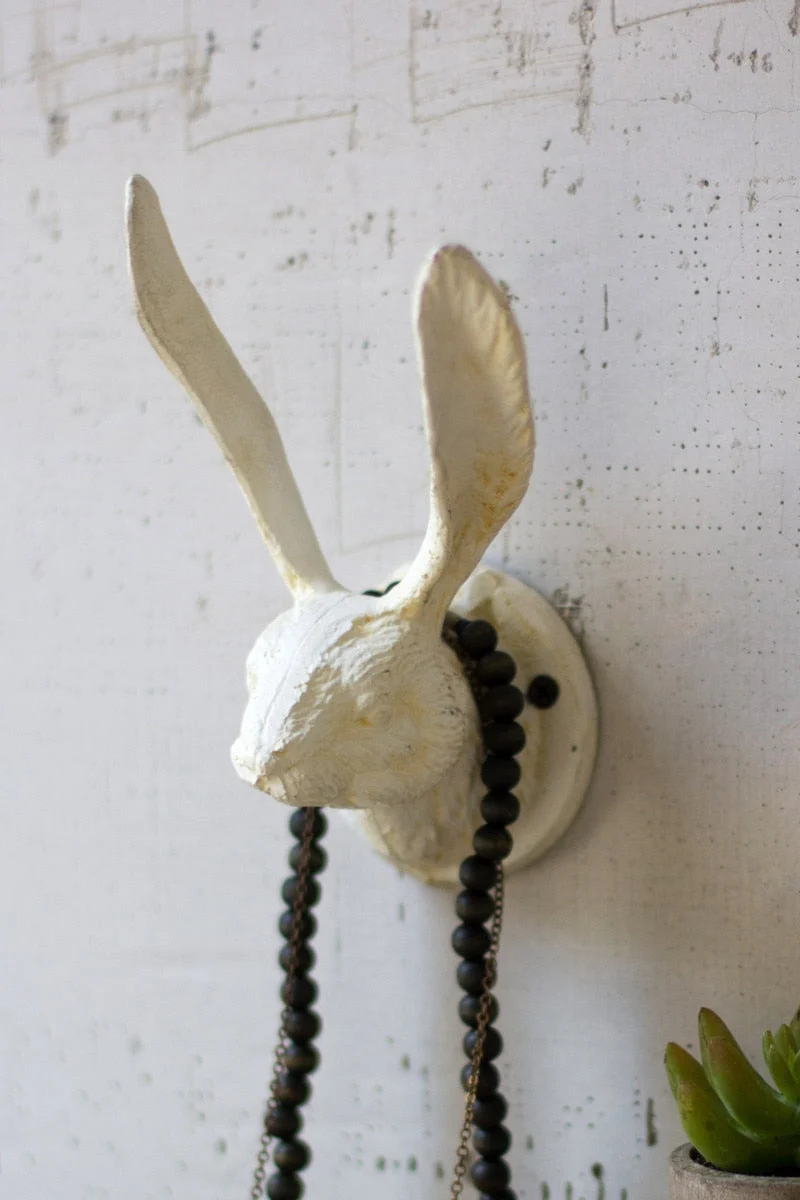Cast Iron Rabbit Wall Hook 7"H in Distressed Antique White by Kalalou, Set of Two