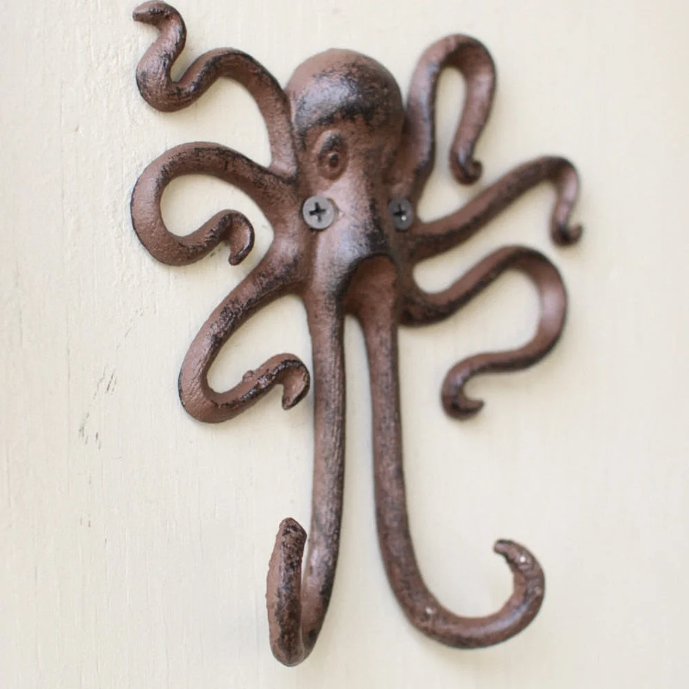 Cast Iron Octopus Wall Hook 6.1"H in Distressed Black Nautical Style, Set of 4 by Kalalou