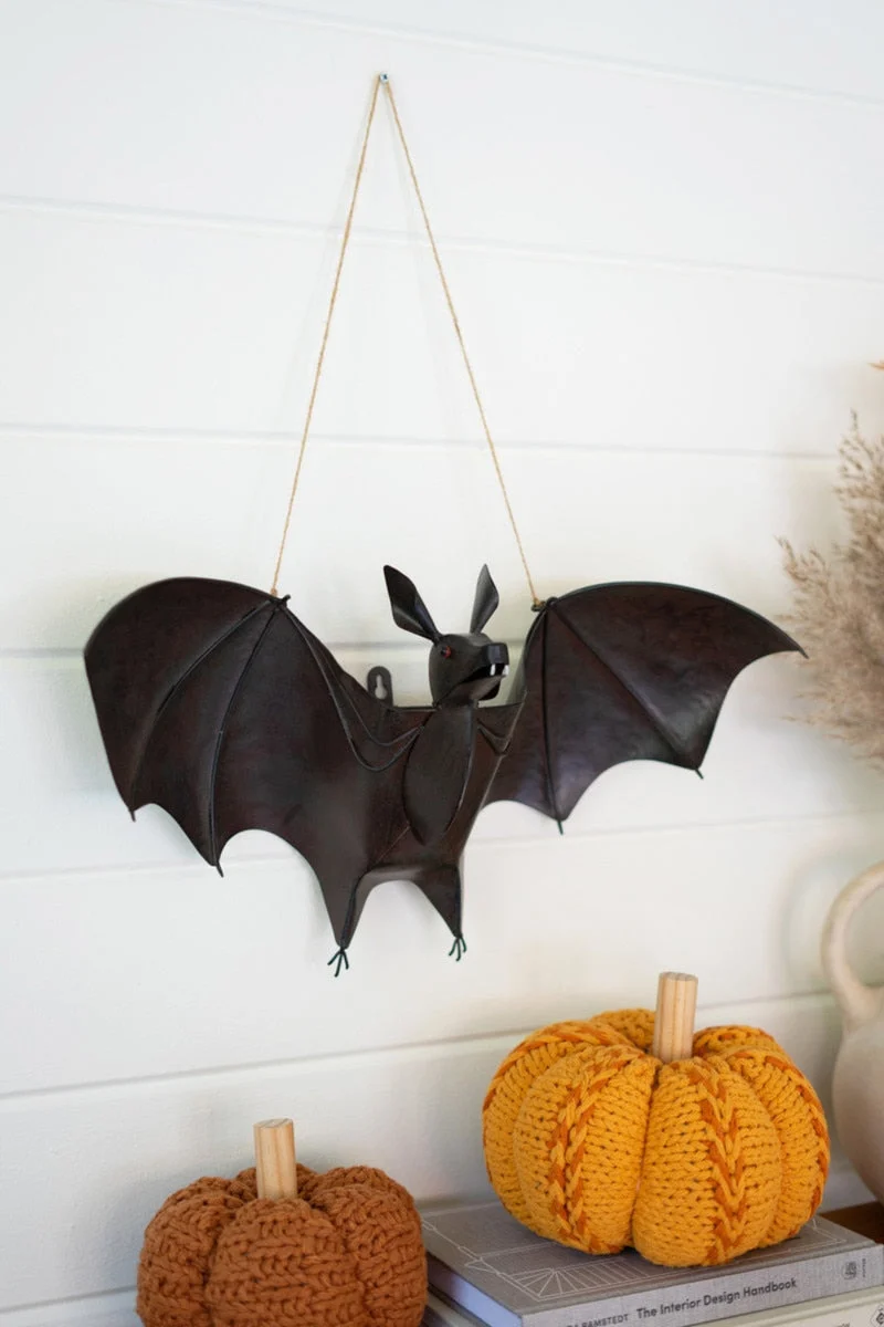 Painted Metal Bat Halloween Door Hanger 10"H – Black Distressed Bat Decor by Kalalou