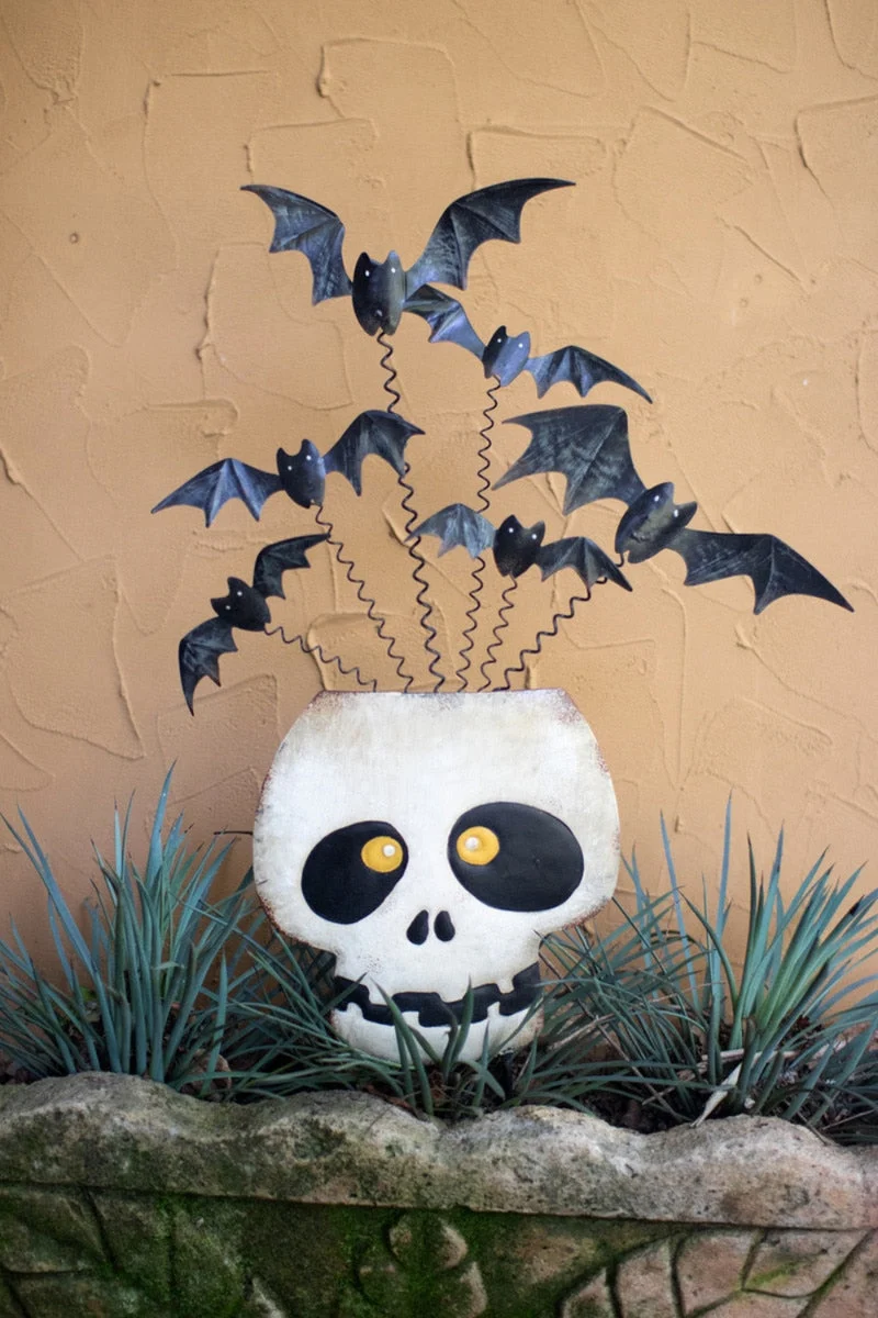 Painted Metal Halloween Skull with Bats Yard Art 29"H – Glossy Seasonal Decor by Kalalou