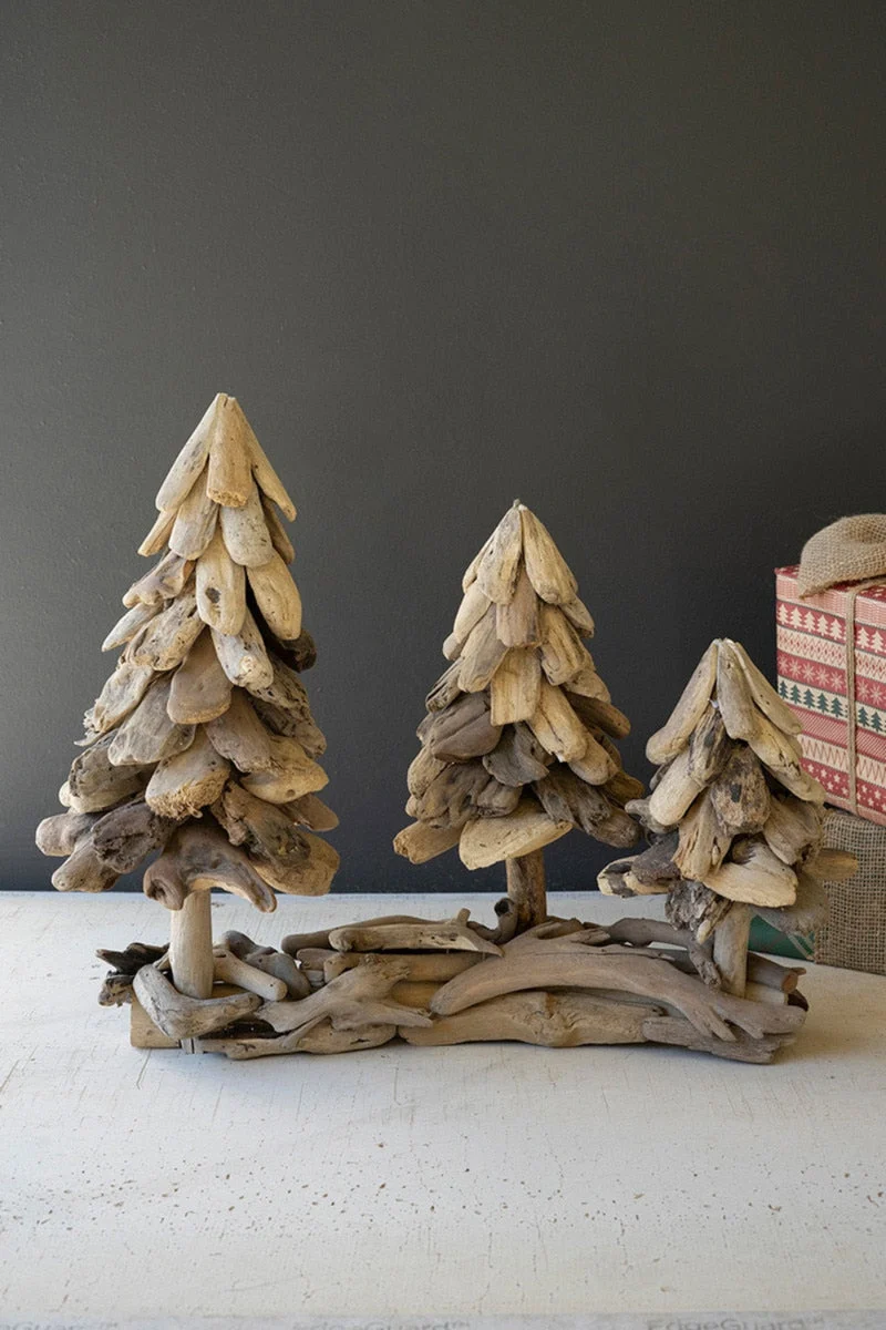 Driftwood Cedar Christmas Trees on Base – 20"H Handcrafted Natural Holiday Decor, Set of 3 by Kalalou