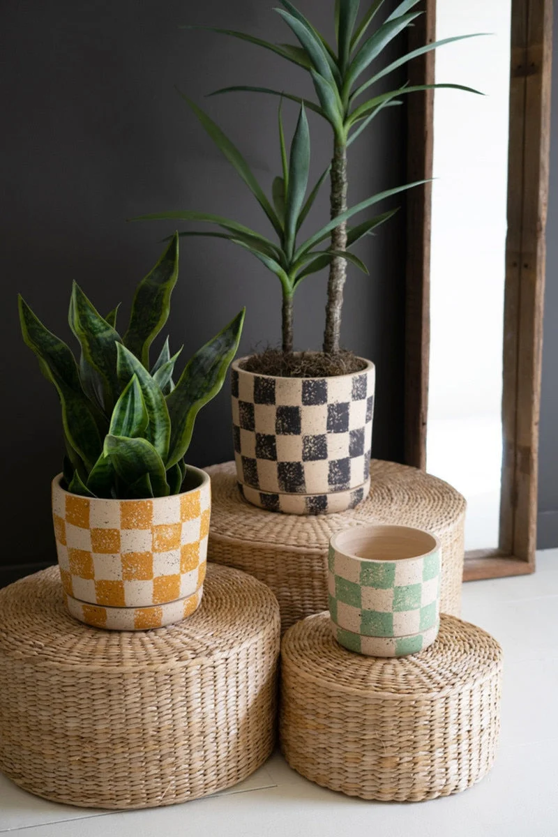 Checkered Clay Planters with Trays Set of 3 – 11" Tall by Kalalou