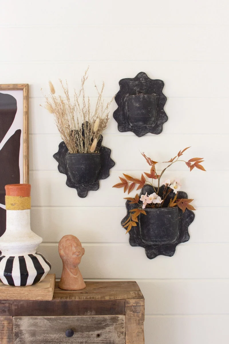 Handcrafted Wavy Clay Wall Planters 11"Tall – Black Set of 3 by Kalalou