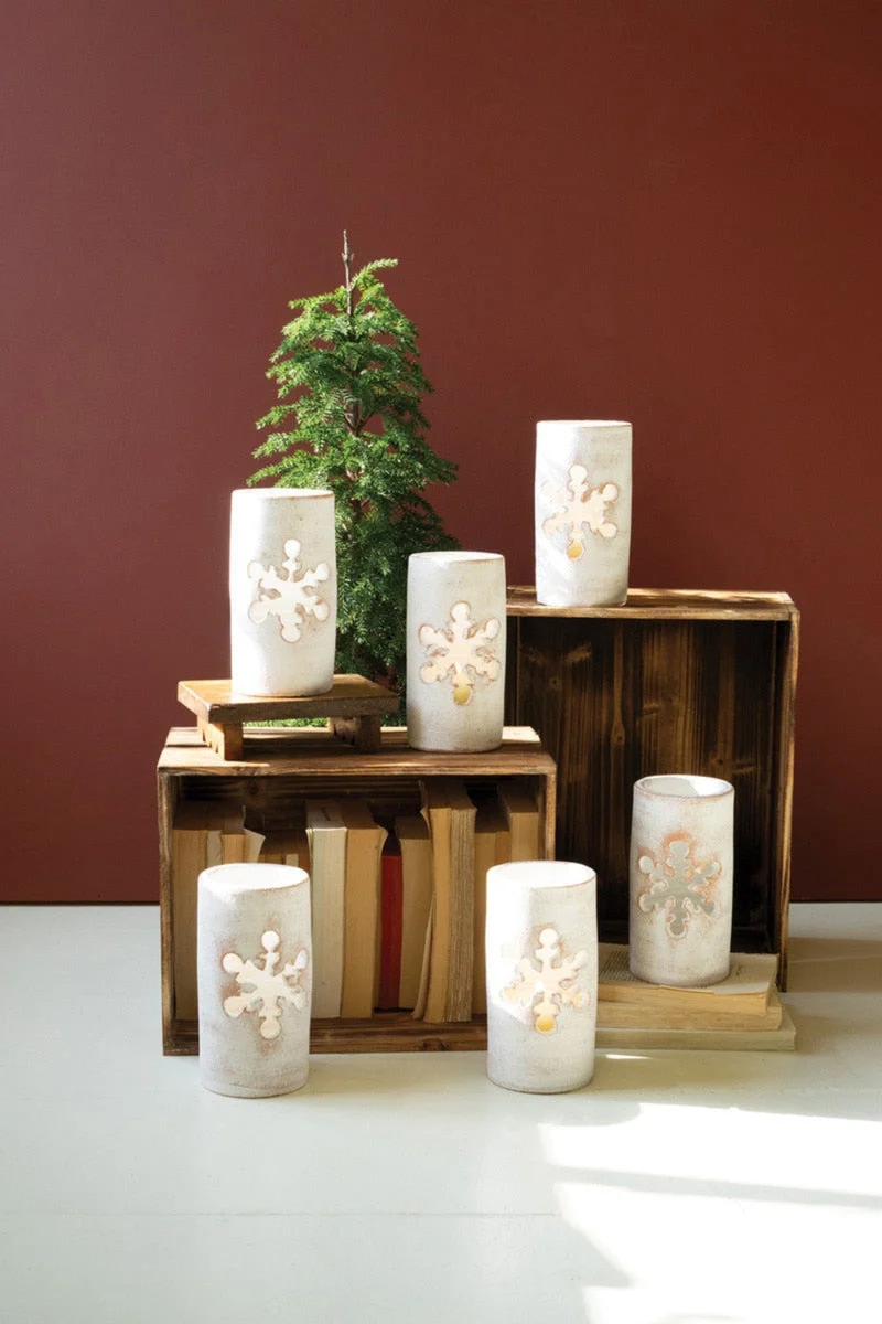 Handmade White Snowflake Clay Luminary – 8" Tall by Kalalou