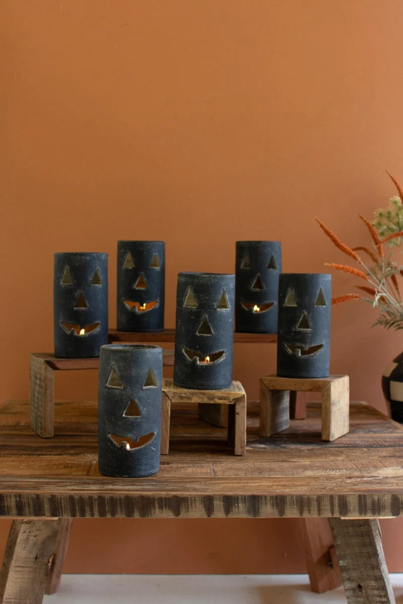 Tall Black Clay Jack-O-Lantern Luminary – 8" Tall Halloween Decor by Kalalou