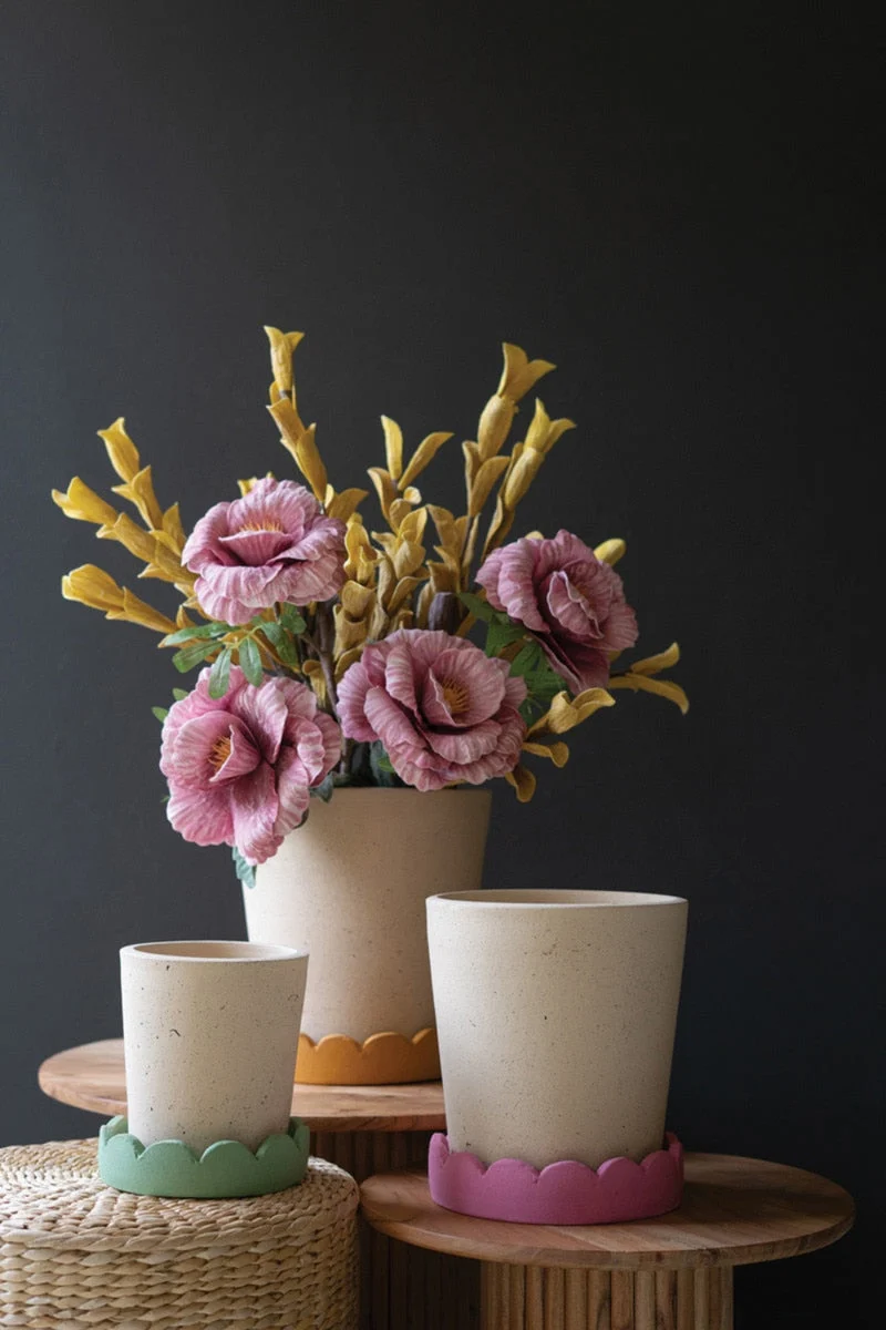 Handcrafted Scalloped Clay Planters – Set of 3 – 11" Tall Pottery Decor by Kalalou