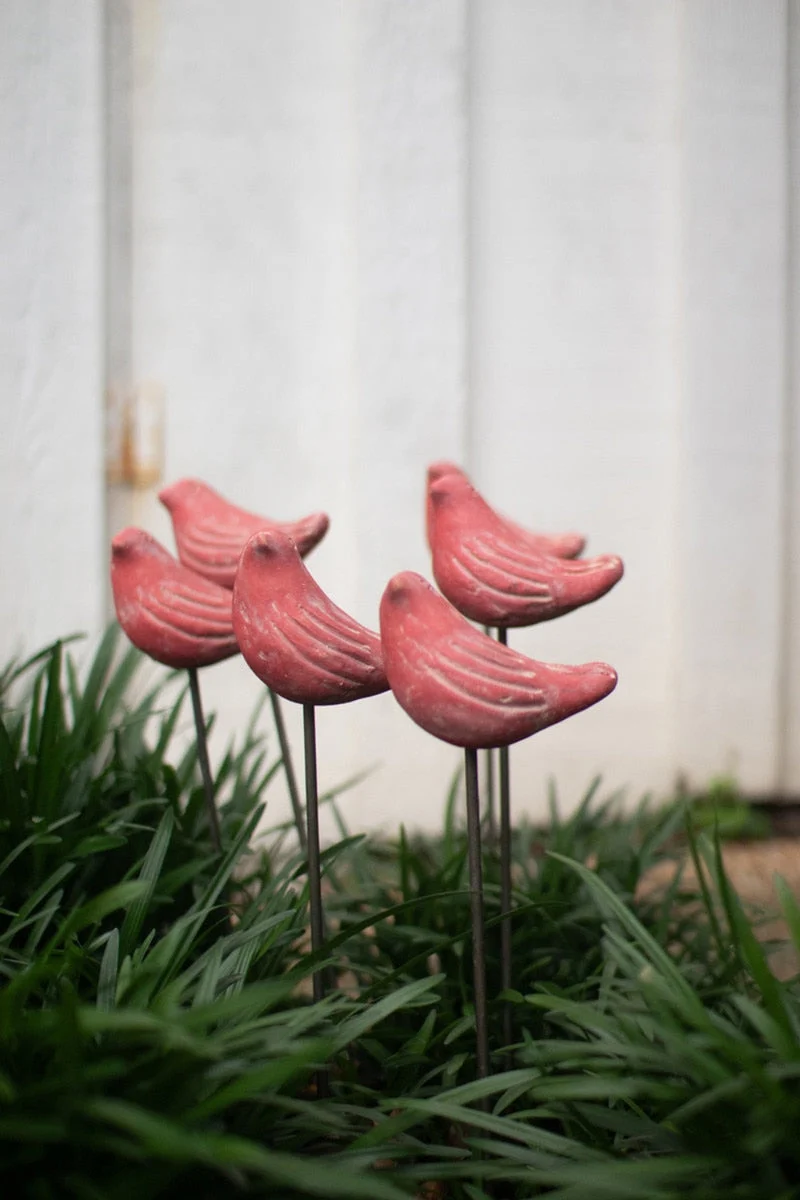 Set of 6 Clay Red Bird Plant Stakes 45" Tall Garden Decor by Kalalou