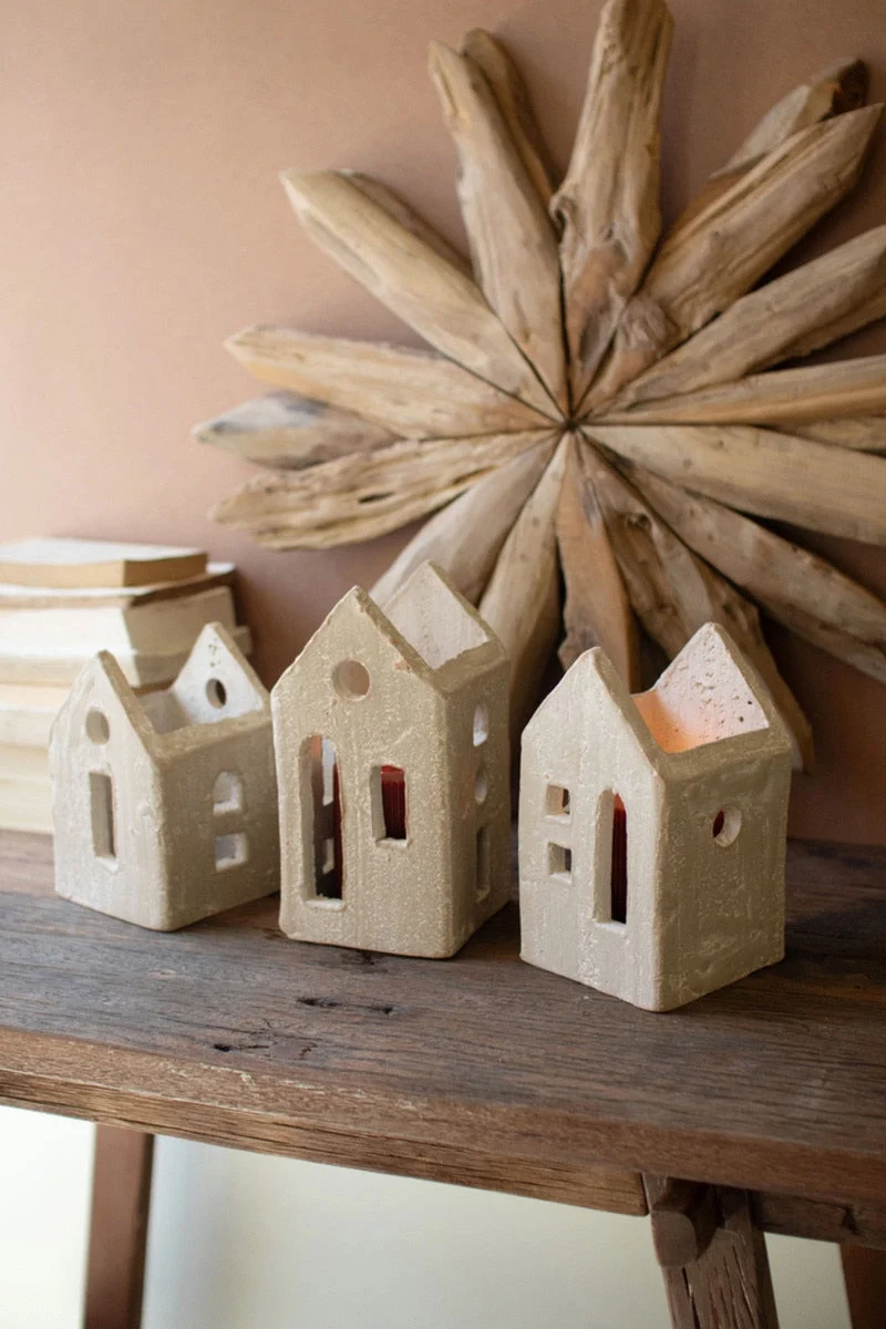 Gray Washed Clay House Candle Lanterns – Set of 3 - 8.75"Tall by Kalalou