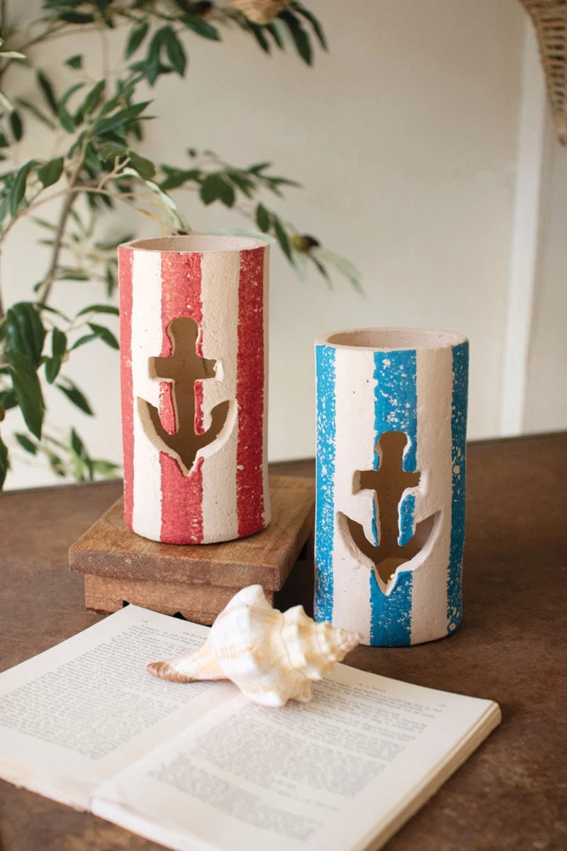 Coastal Anchor Luminaries – Painted Clay Lanterns 8.25" Tall Set of 2 by Kalalou