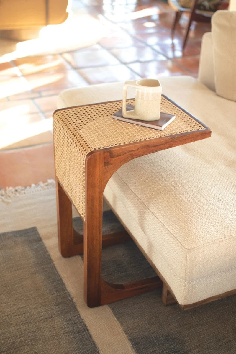 Wood Accent Table with Woven Cane Detail – 24" Tall Side Table by Kalalou