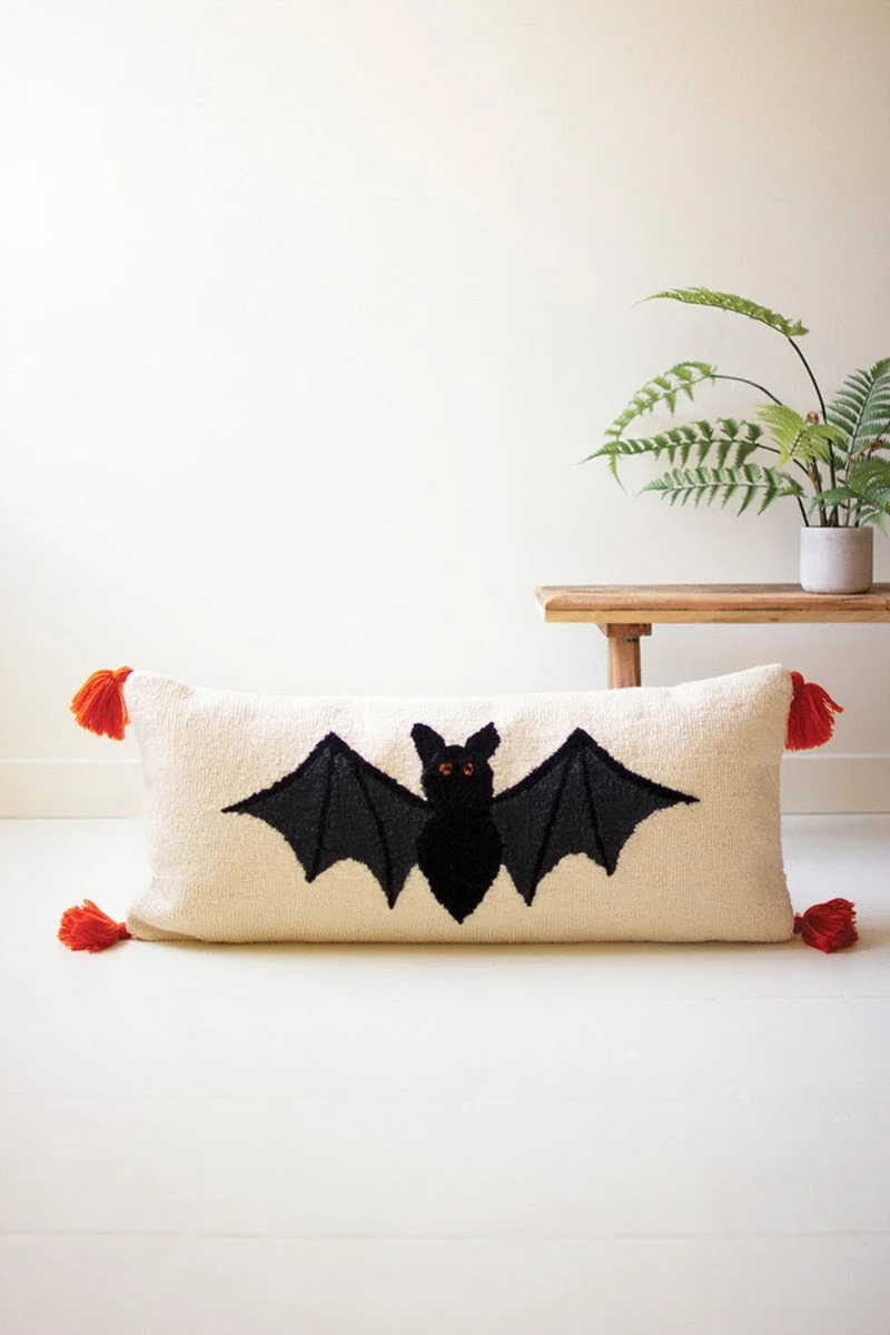 Halloween Bat Hand-Hooked Pillow – 14" Tall Accent by Kalalou