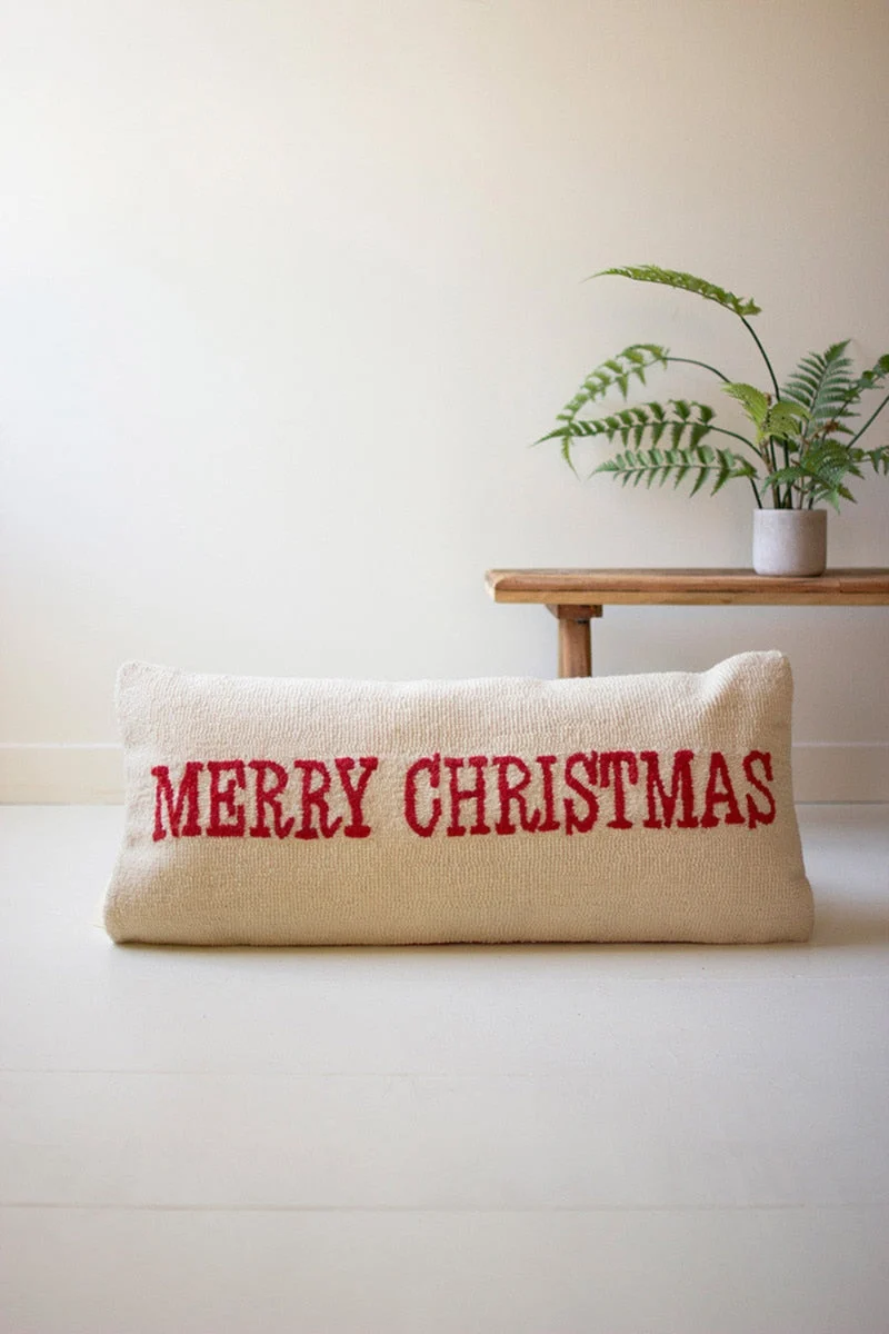 Merry Christmas Hand-Hooked Pillow – 14"H White and Red Textured Wool Holiday Cushion with Removable Insert By Kalalou