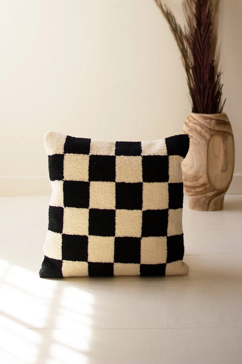Black and White Checks Hand-Hooked Pillow – 18"Tall by Kalalou