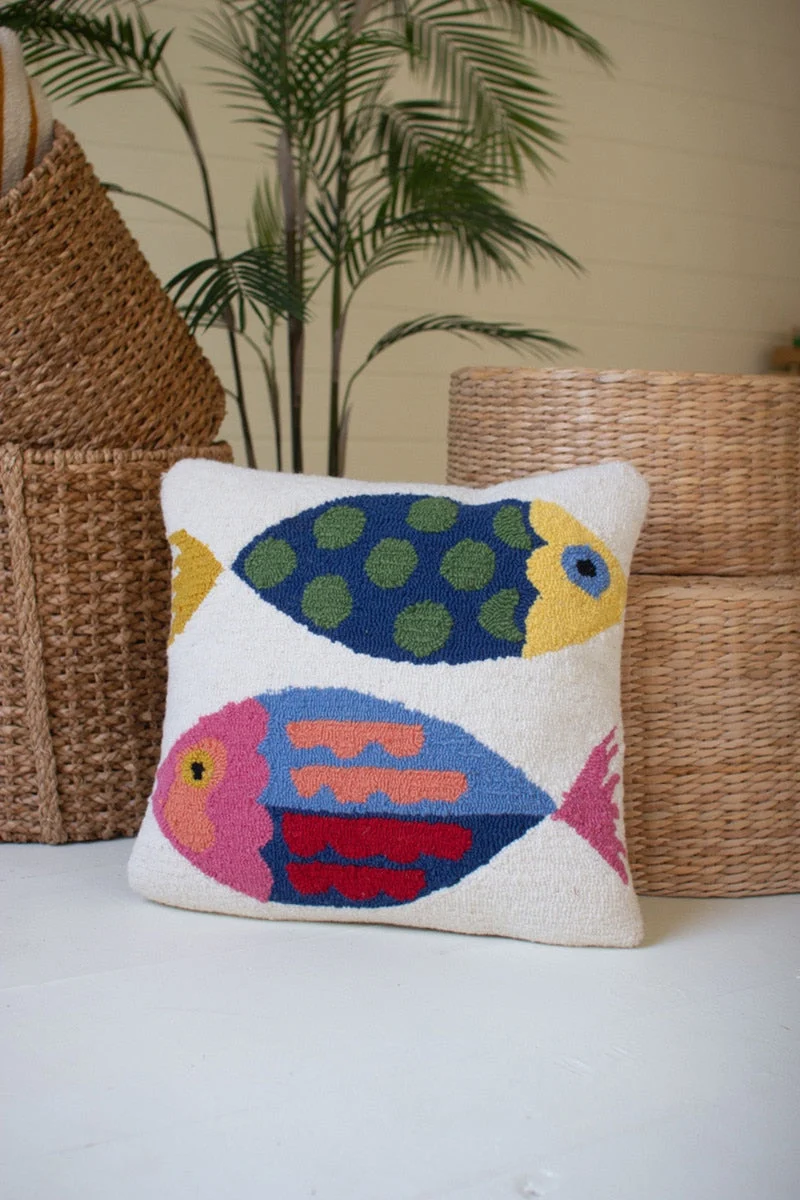Beach Style Hand-Hooked Two Fish Pillow – 18"Tall by Kalalou