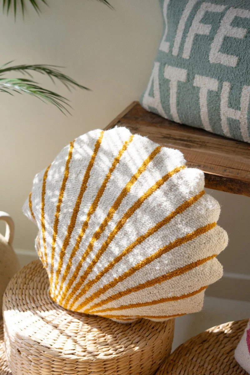 Ocean Theme Hand-Hooked Scallop Shell Pillow – 18"Tall by Kalalou