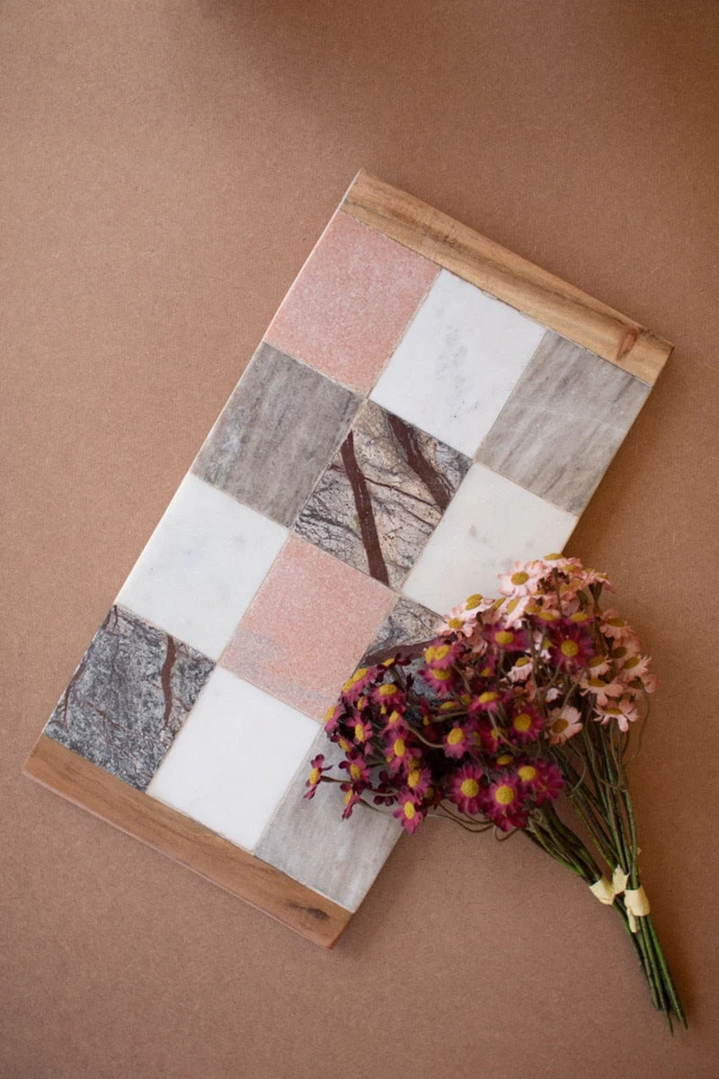 Rectangle Checkered Serving Board in Marble and Wood – 12" Tall by Kalalou