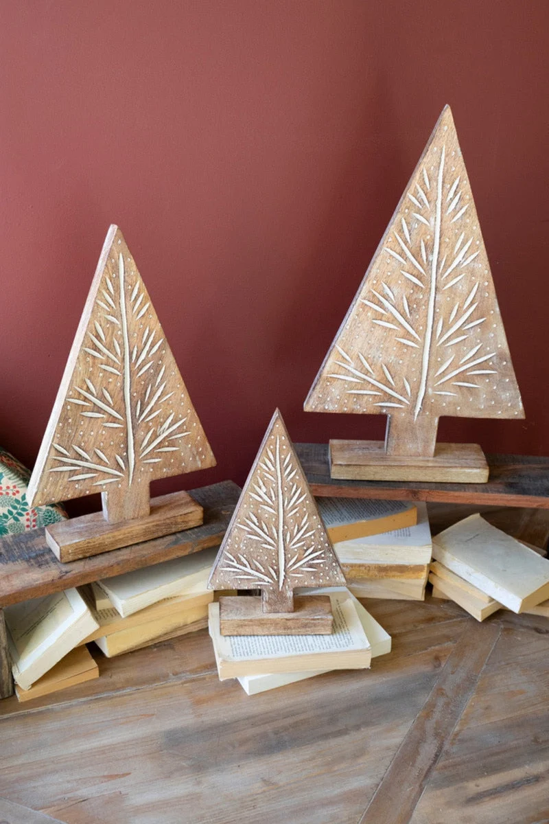 Hand-Carved Wood Christmas Trees on Stands – Set of 3 (20"H, 17"H & 13"H) – Holiday Decor by Kalalou