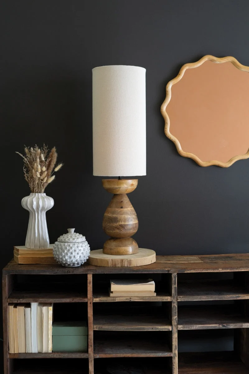 Mango Wood Table Lamp with Fabric Cylinder Shade – 35"H – Handcrafted Home Decor by Kalalou