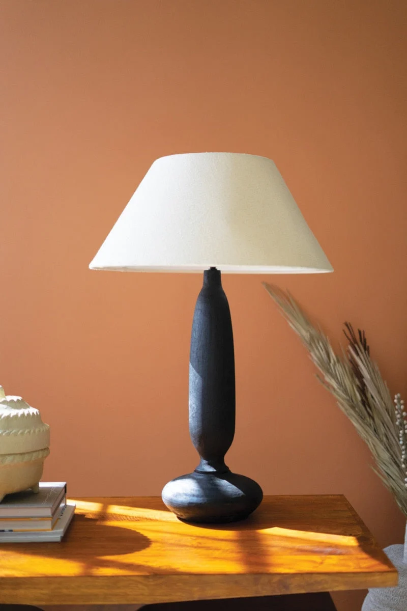 Black Mango Wood Table Lamp – 30" Tall Tapered Fabric Shade by Kalalou