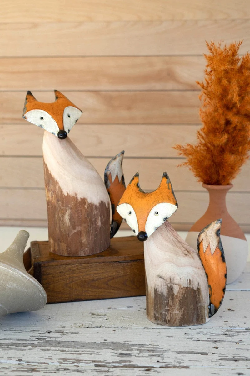 Decorative Fox Figurines – Recycled Wood and Iron – Set of 2, 12"Tall by Kalalou