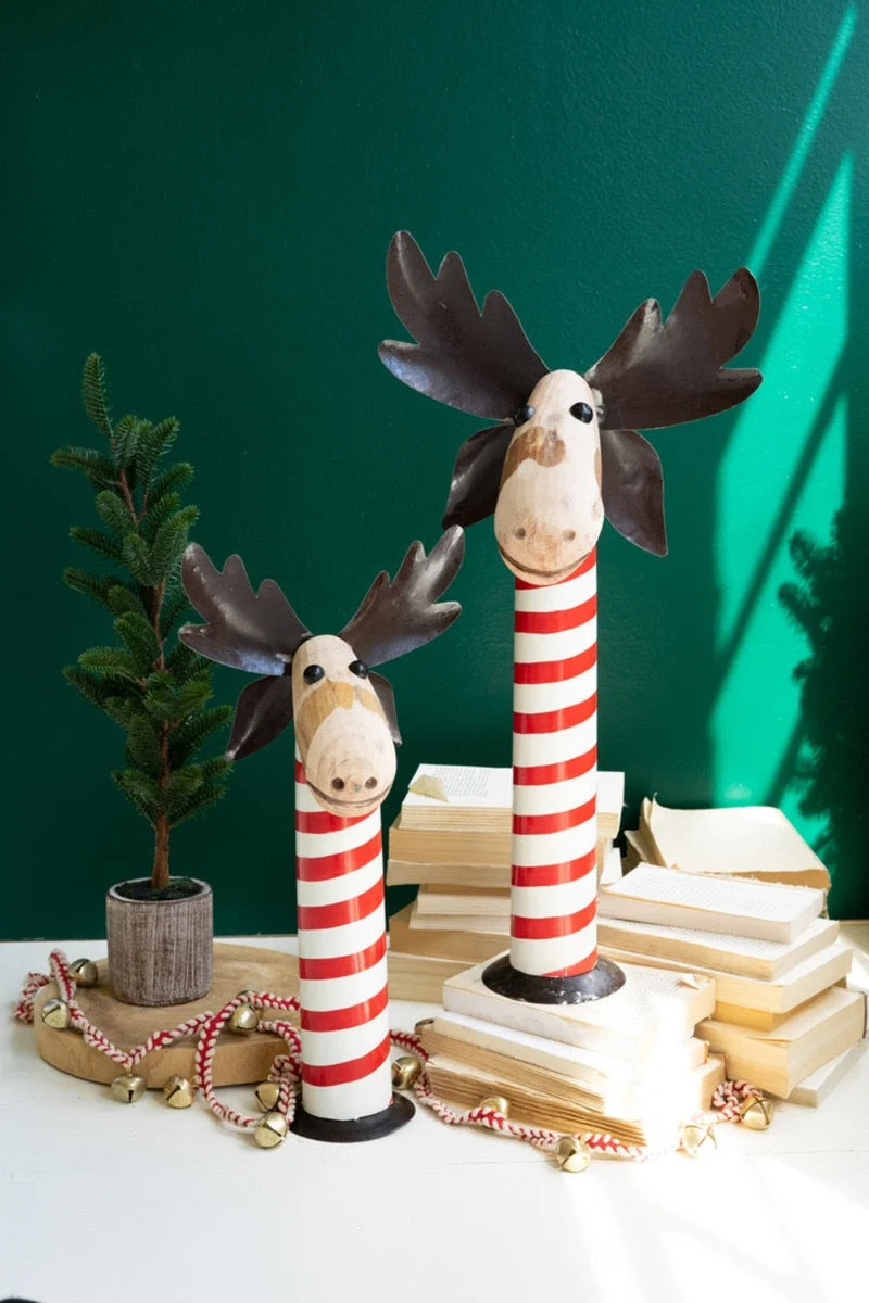 Recycled Iron Moose with Red & White Painted Wood Bases – Set of 2 – 26" Tall by Kalalou