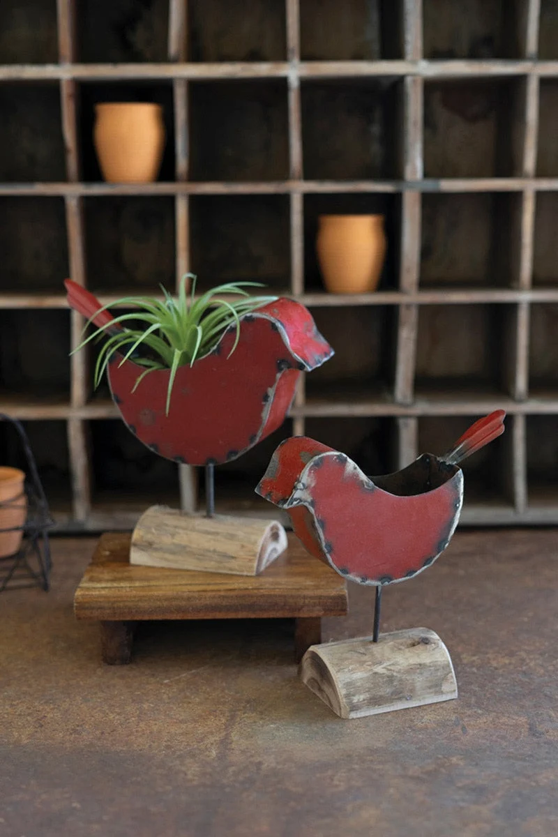 Red Bird Shaped Metal Planters – Set of 2 Home Decor 8.5" Tall by Kalalou