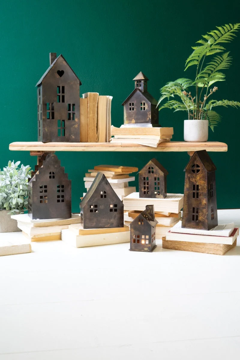 Antique Brown Metal Village – Set of 7 Decorative Houses up to 15" Tall by Kalalou