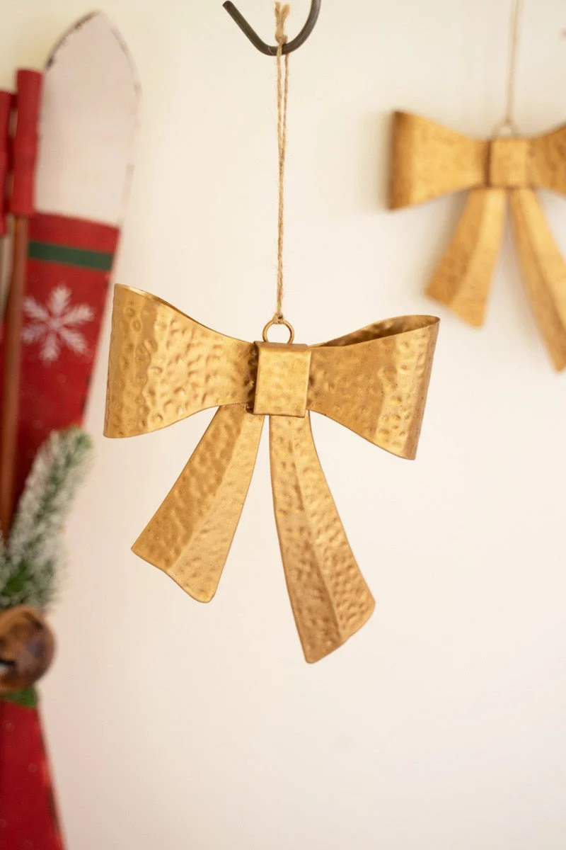 Antique Gold Metal Bow Ornament – 6" H Distressed Metal and Jute Christmas Hanging Decoration, Set of 6 by Kalalou