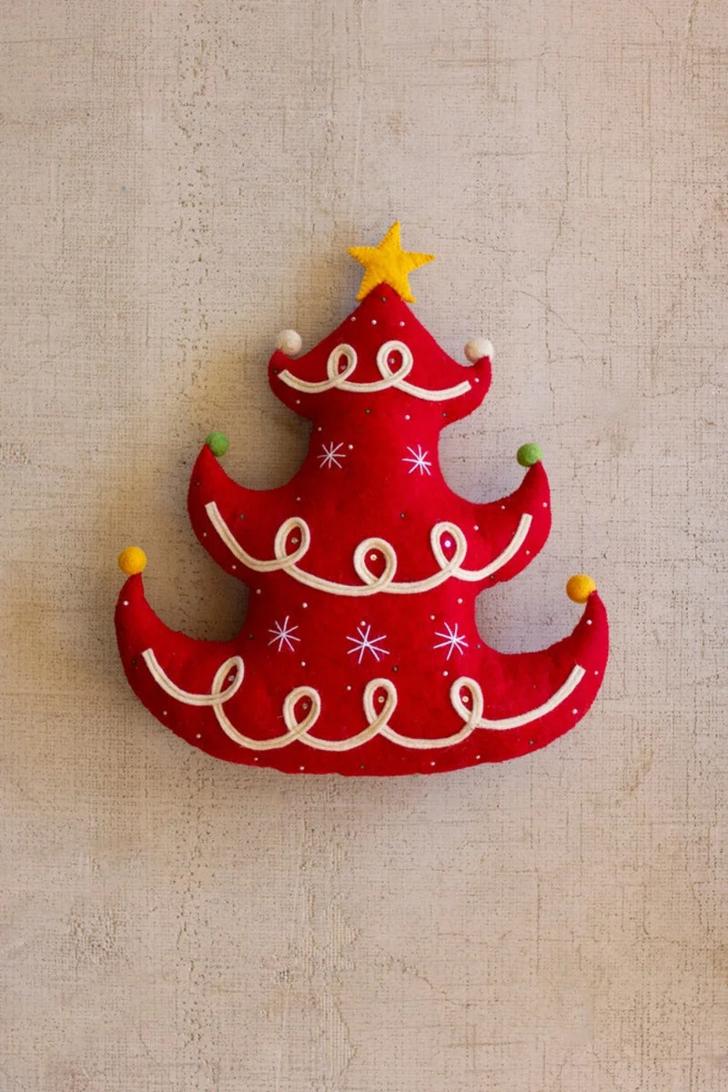 Cozy Felt Red Christmas Tree Throw Pillow – 18" Tall by Kalalou