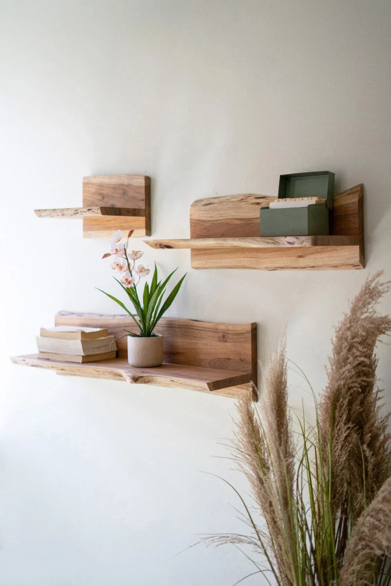 Acacia Wood Wall Shelves Set of 3 – Live-Edge Design – 9.5" Tall by Kalalou