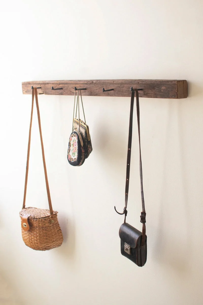 Rustic Recycled Wood Wall Coat rack – 25" Tall with Iron Hooks by Kalalou