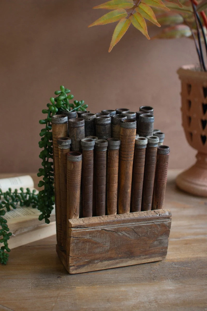 Reclaimed Wooden Thread Spool Art 10" Tall Decorative Accent by Kalalou