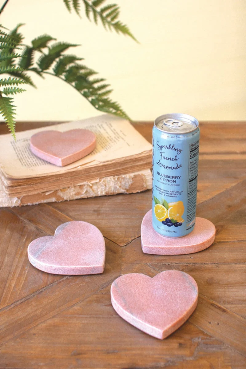 Pink Marble Heart Drink Coasters – 4" Tall Stone Coaster 4x Set of 4 by Kalalou