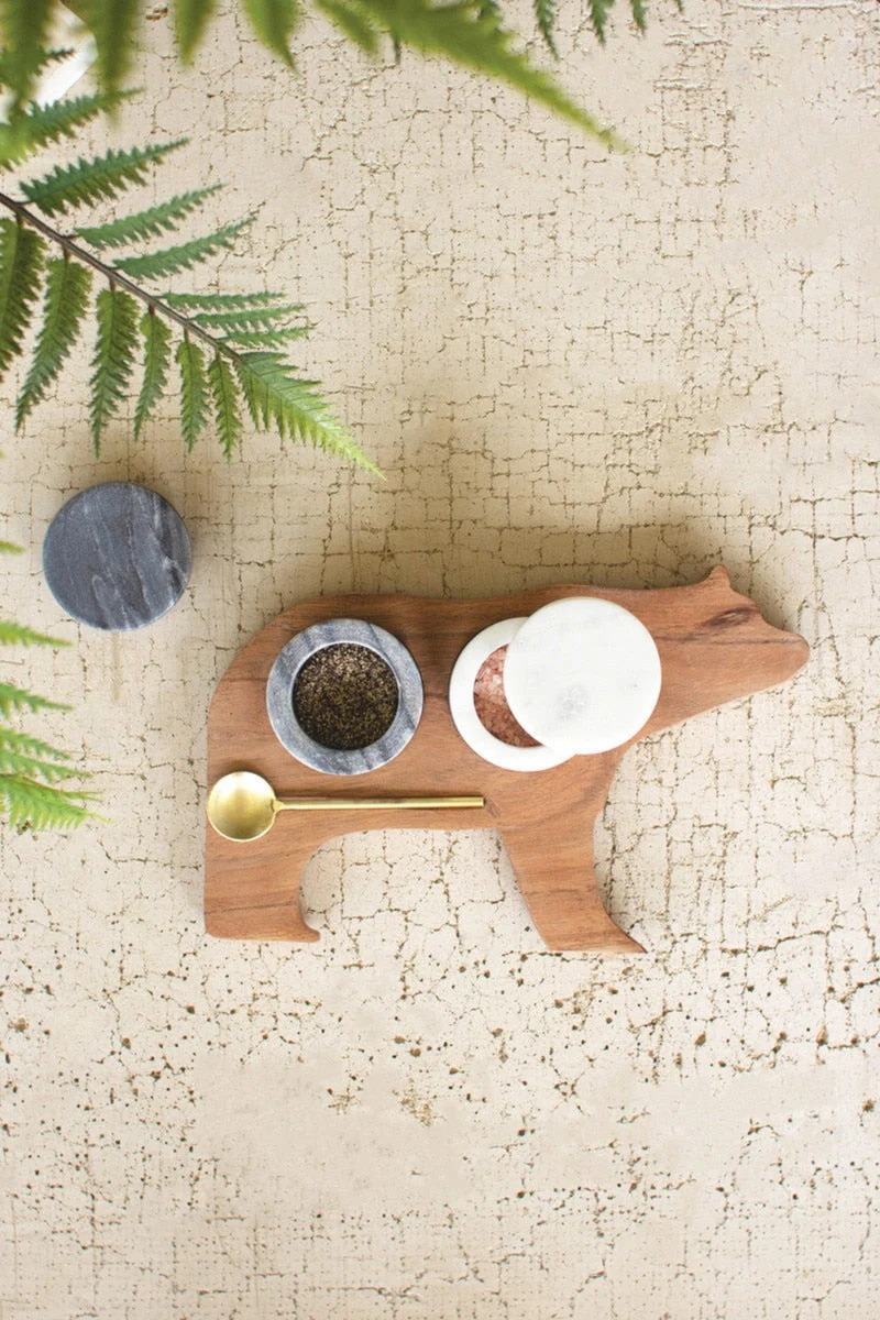Wood and Marble Bear Salt and Pepper Cellars 2x Set of 4 – 9.5" Tall by Kalalou